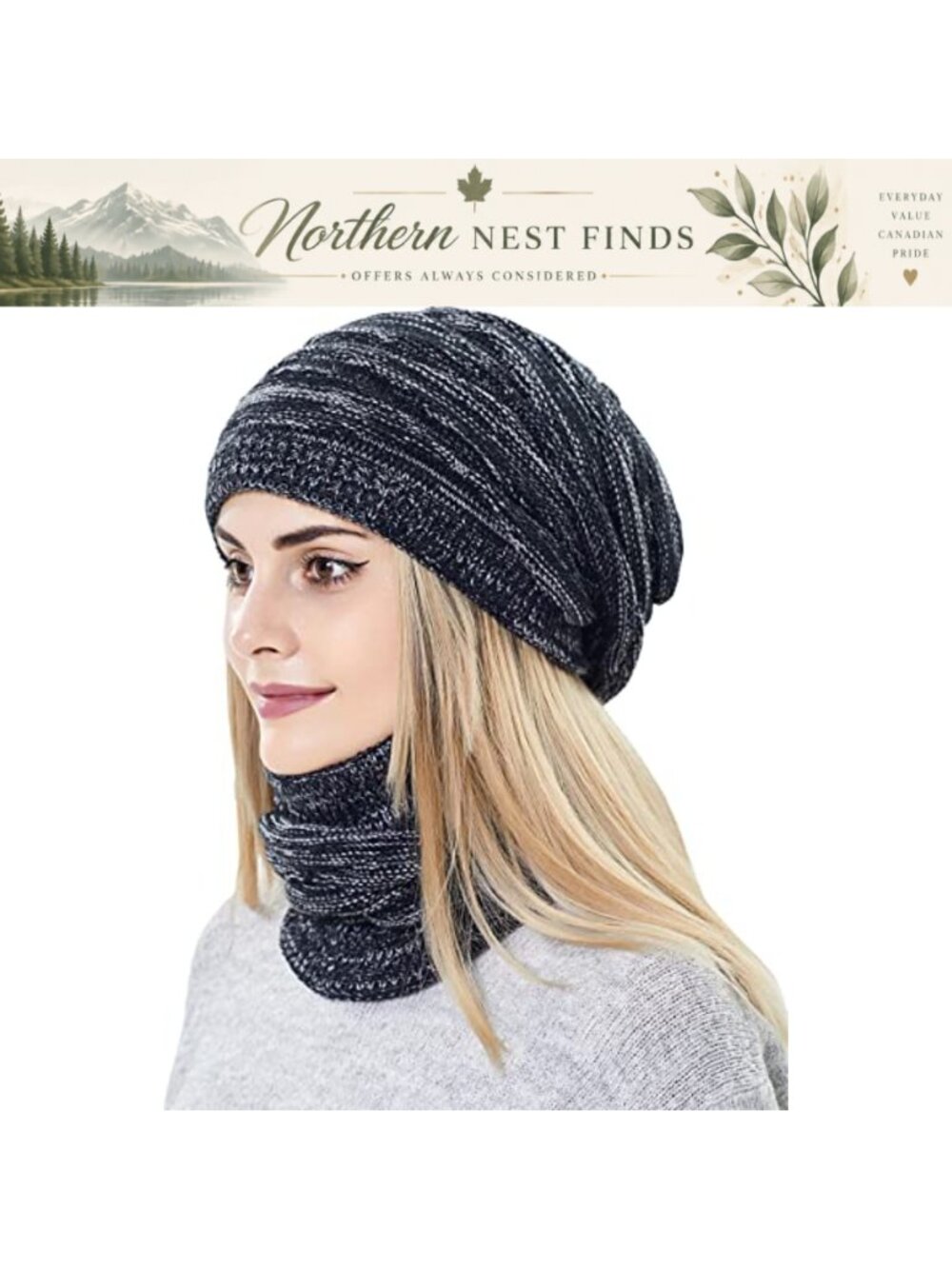Womens Slouchy Cable Knit Beanie and Scarf Set Acrylic Fleece Lined Winter
